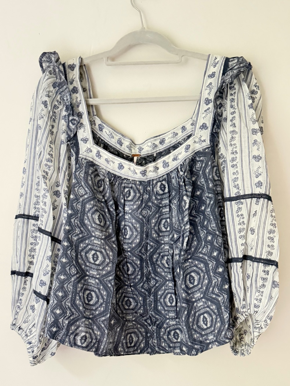Free People Blue and White Printed Peasant Top